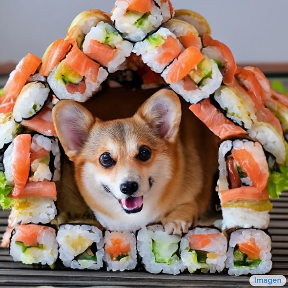 a cute corgi lives in a house that is made out of sushi google imagen