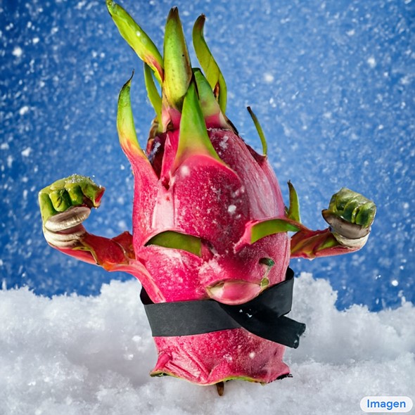 dragon fruit wearing karate belt in the snow